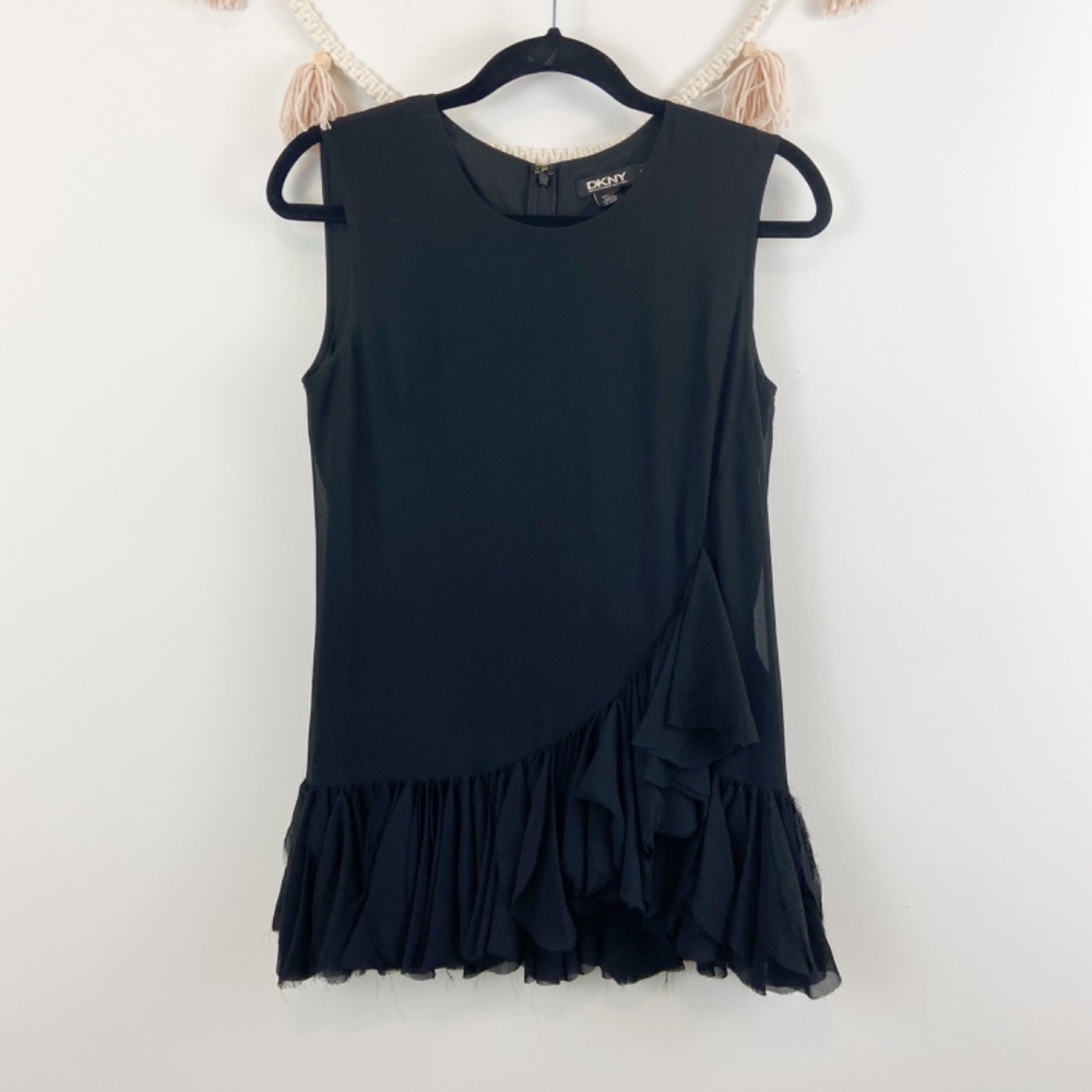 DKNY Black Frayed Tiered Zip back mini dress Sz 0 - Picture 2 of 8